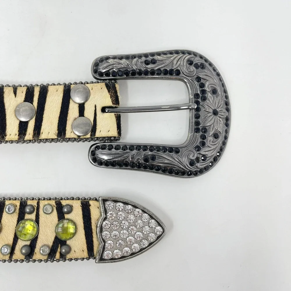 Nocona Western Belt Wms Large Leather Zebra Striped Rhinestone Bling Rodeo